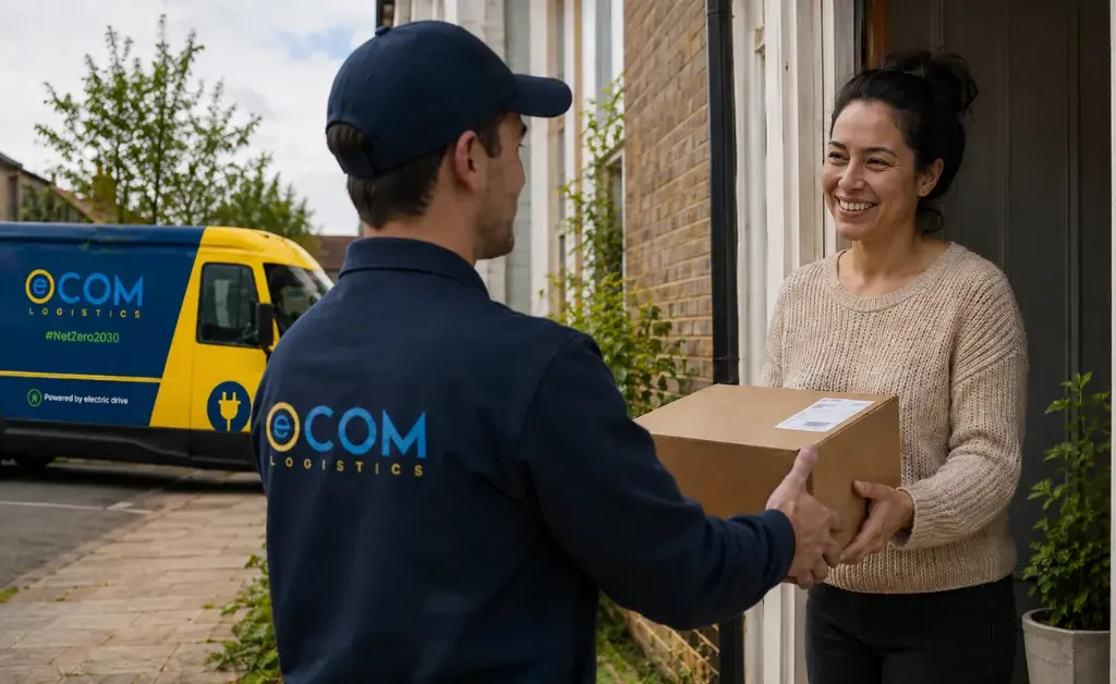 Ecom delivery van with driver handing a package to a smiling customer at their front door